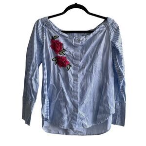 JAPNA Striped Off Shoulder Blouse Embroidered Flowers Blue White S